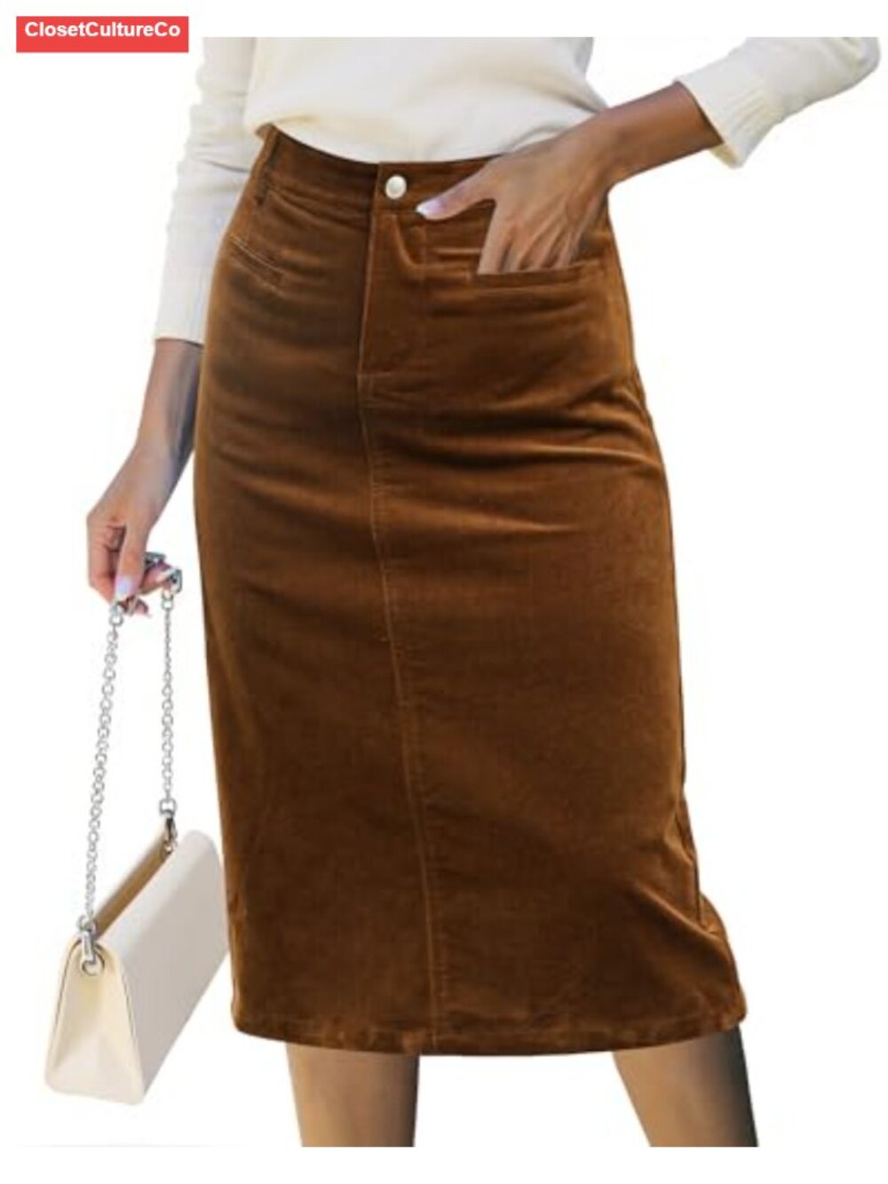 Corduroy Midi Skirt High Waisted Elastic Welt Pockets Fall Casual